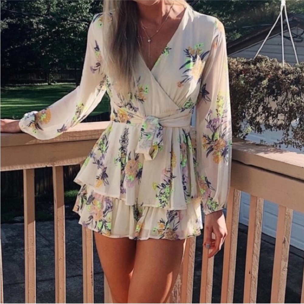 Altar'd State Alma Cream Floral Long Sleeve Ruffle Romper with Tie, Size XS